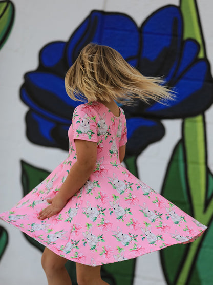 Easter Pink Bunny Floral Print Short Sleeve Dress