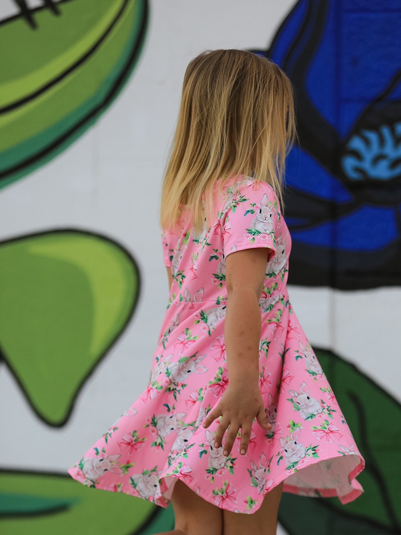 Easter Pink Bunny Floral Print Short Sleeve Dress