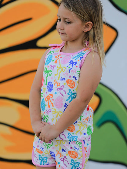 Rainbow Easter Egg Print Bow Sleeveless Vest Top and Shorts Set