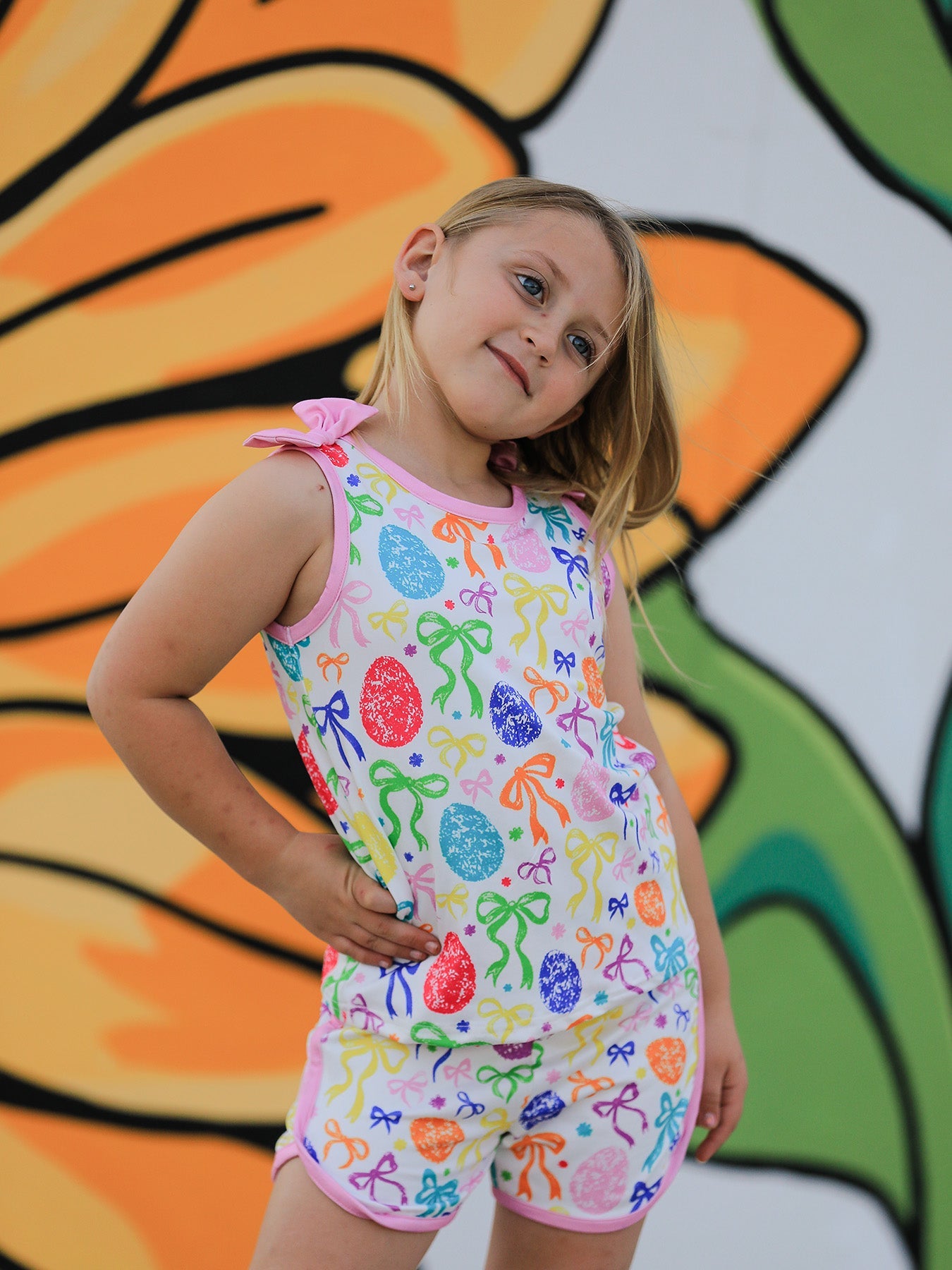Rainbow Easter Egg Print Bow Sleeveless Vest Top and Shorts Set