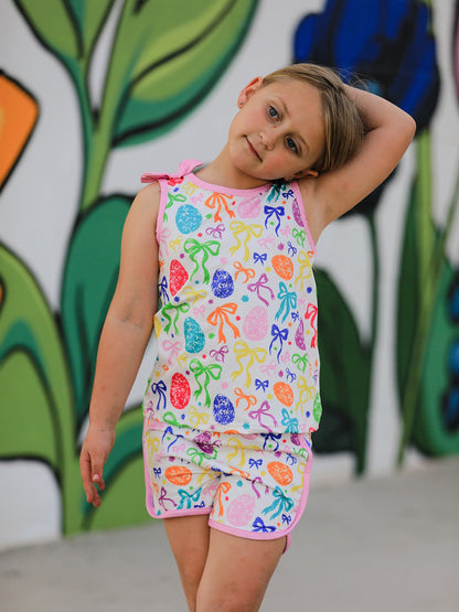 Rainbow Easter Egg Print Bow Sleeveless Vest Top and Shorts Set