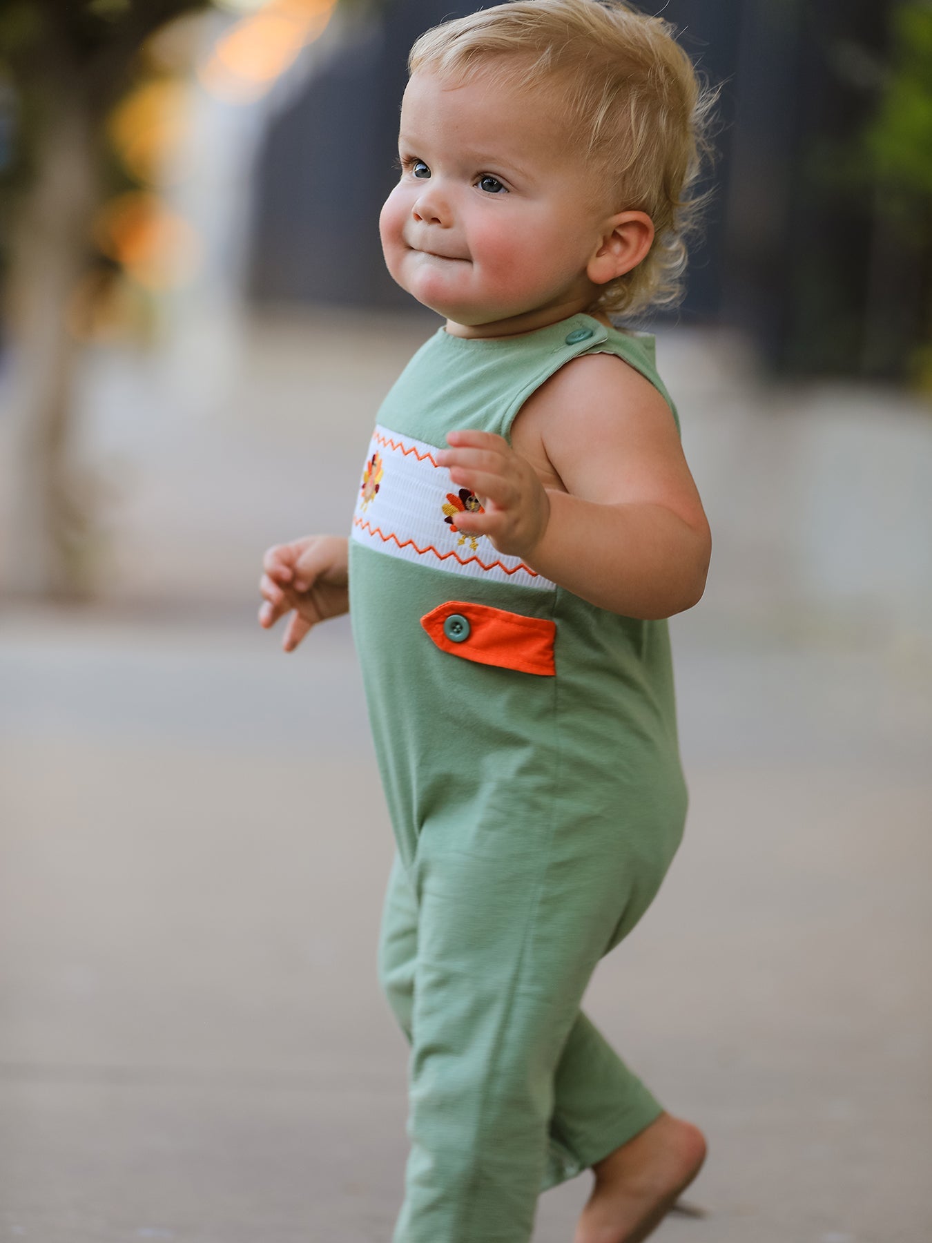 Fall Thanksgiving Chicken Smock Embroidered Green Boys Romper