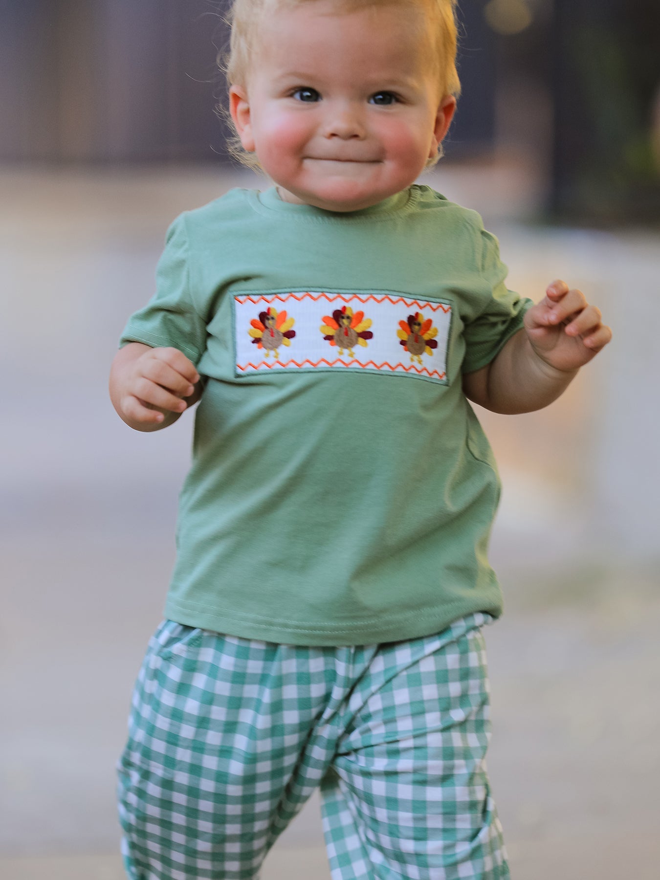 Fall Thanksgiving Chicken Smock Embroidered Green Plaid Boys 'Set
