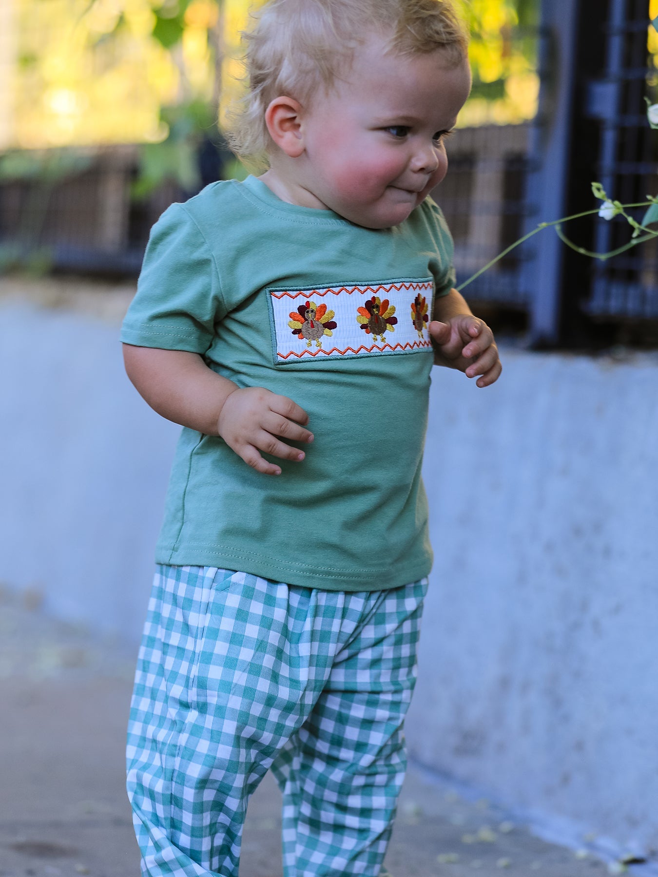 Fall Thanksgiving Chicken Smock Embroidered Green Plaid Boys 'Set