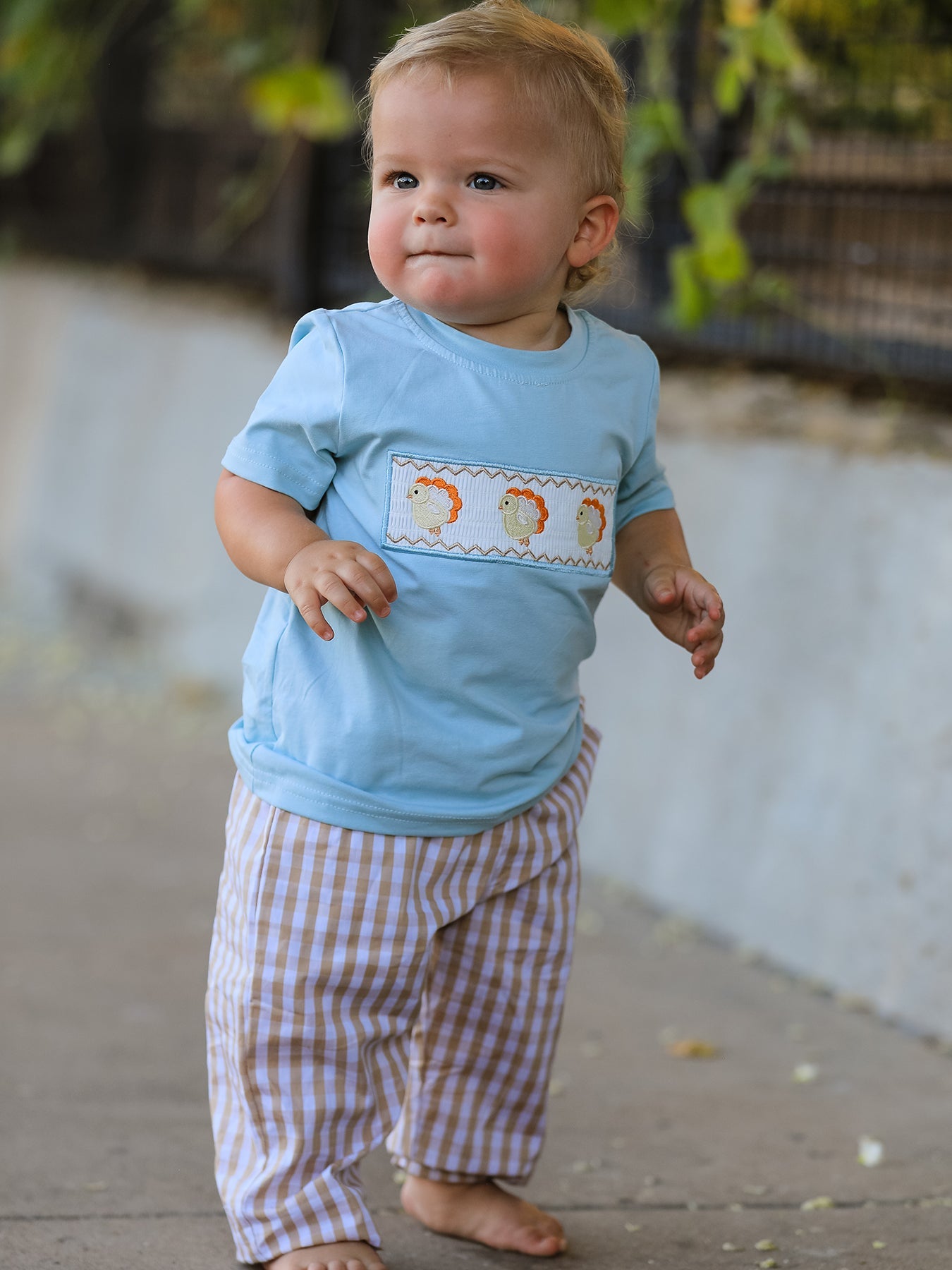 Fall Thanksgiving Plaid Chick Embroidery Smocking Boys Set