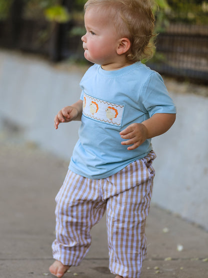 Fall Thanksgiving Plaid Chick Embroidery Smocking Boys Set