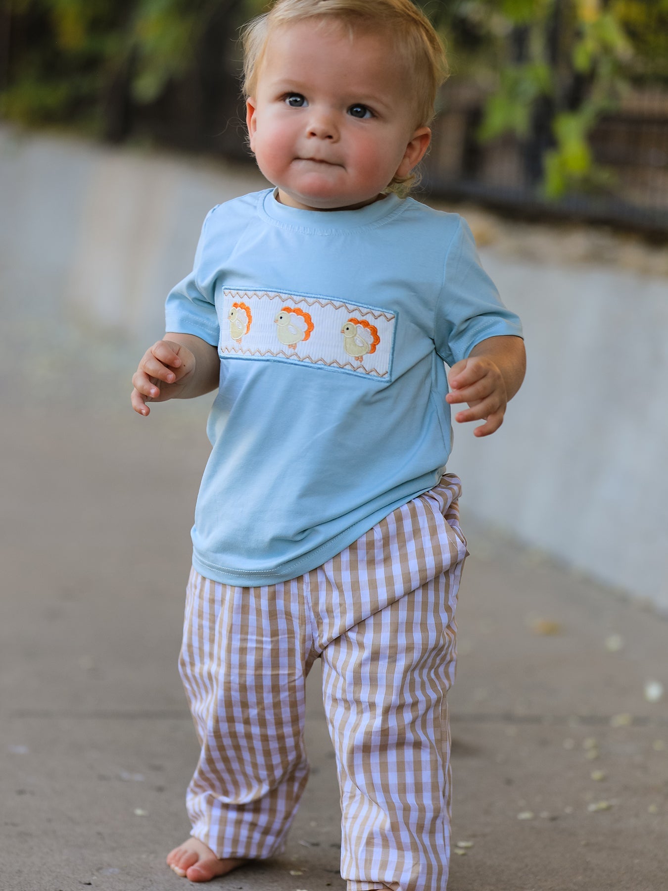 Fall Thanksgiving Plaid Chick Embroidery Smocking Boys Set