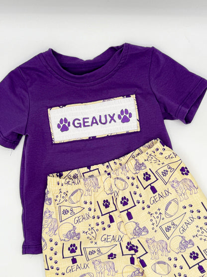 Smocked Geaux Boys Set – Purple & Gold Two-Piece Game Day Outfit