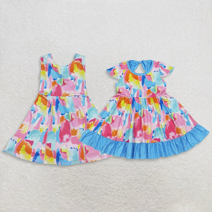 Sibling Baby Girls Tie-dye Print Yoga Active Short Milk Silk Ruffle Knee Length Dress
