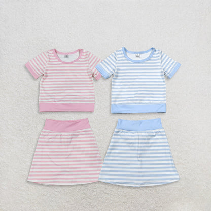 Sibling Baby Girls Pink Blue Stripe Short Sleeve Shirts Skirt Short Yoga Active Clothes Sets
