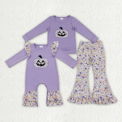Sibling Baby Girls Embroidery Flowers Ghost Pumpkin Halloween Clothes Set Rompers