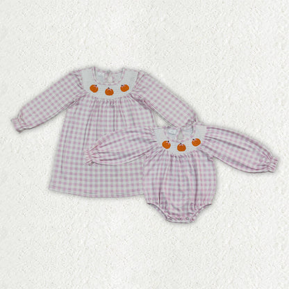 Sibling Smocked Bows Pumpkins Pink Checked Fall Knee Length Dress Ruffle Rompers
