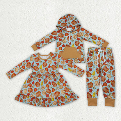 Sibling Baby Kids Turkey Pumpkins Leaves Hoodie Jogger Fall Clothes Set Ruffle Dress