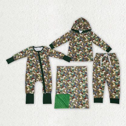 Sibling Baby Boys Green Camo Ducks Hoodie Jogger Hunting Sets Zip Romper Blanked