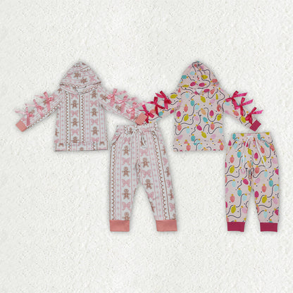 Sibling Baby Girls Bows Sleeves Gingerbread Lights Hoodie Pockets Jogger Christmas Sets