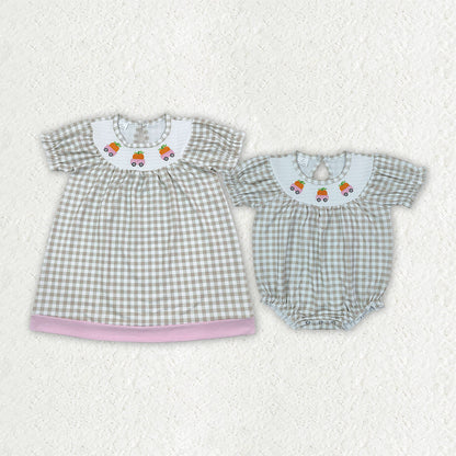 Sibling Baby Girls Smocked Pumpkin Trucks Khaki Checked Dress Rompers