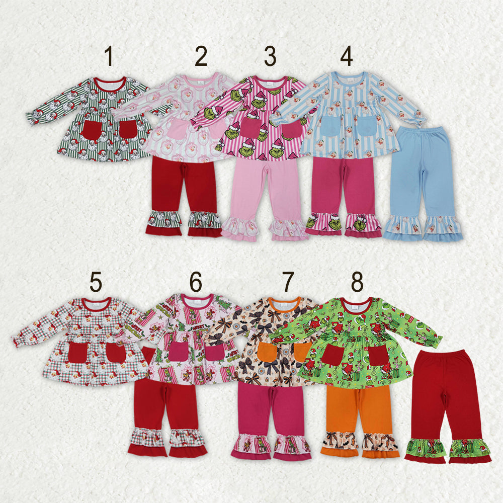 Sibling Baby Girls Santa Pockets Tunic Ruffle Pants Christmas Clothes Sets