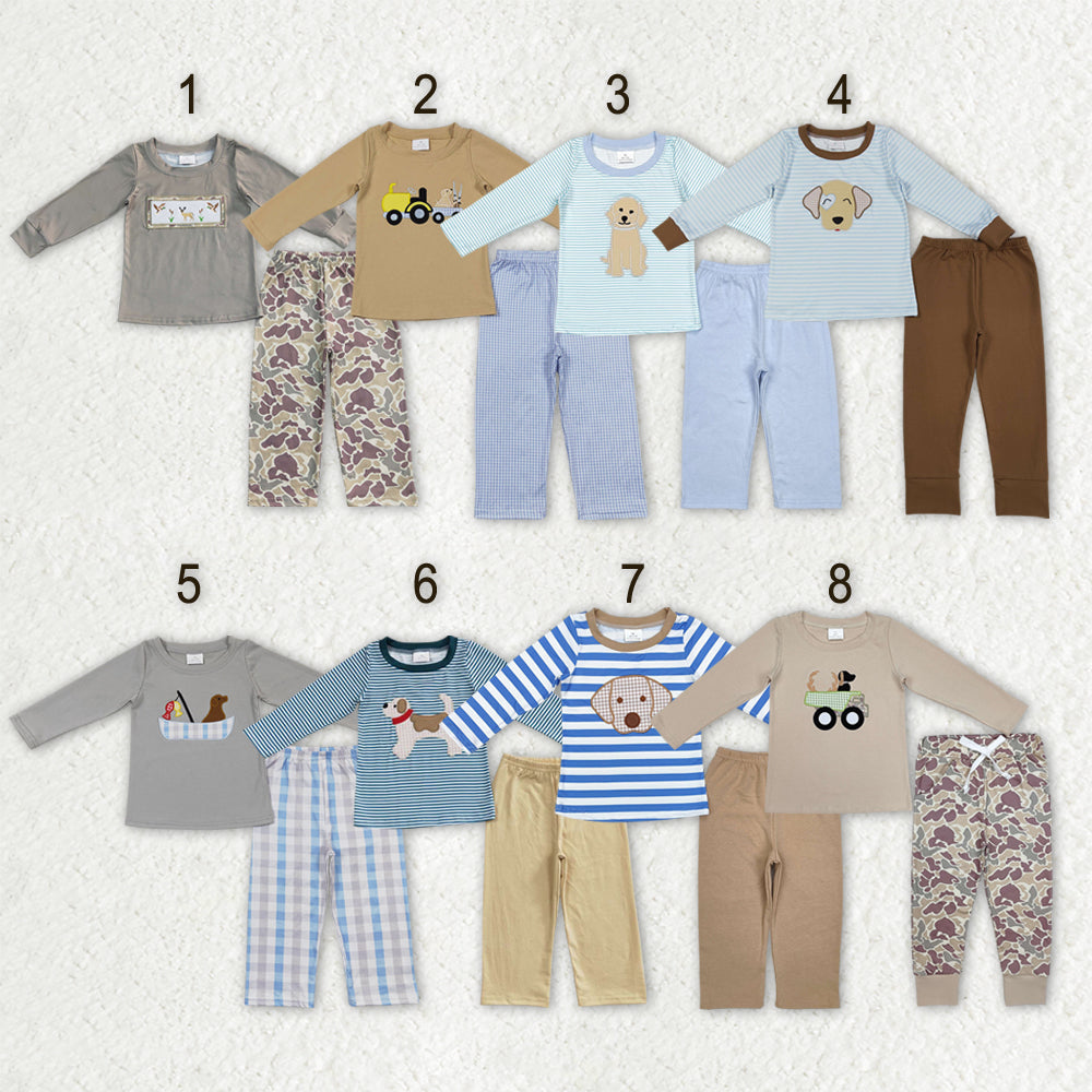 Sibling Baby Boys Long Sleeve Embroidery Dogs Ducks Fishing Pants Hunting Clothes Sets