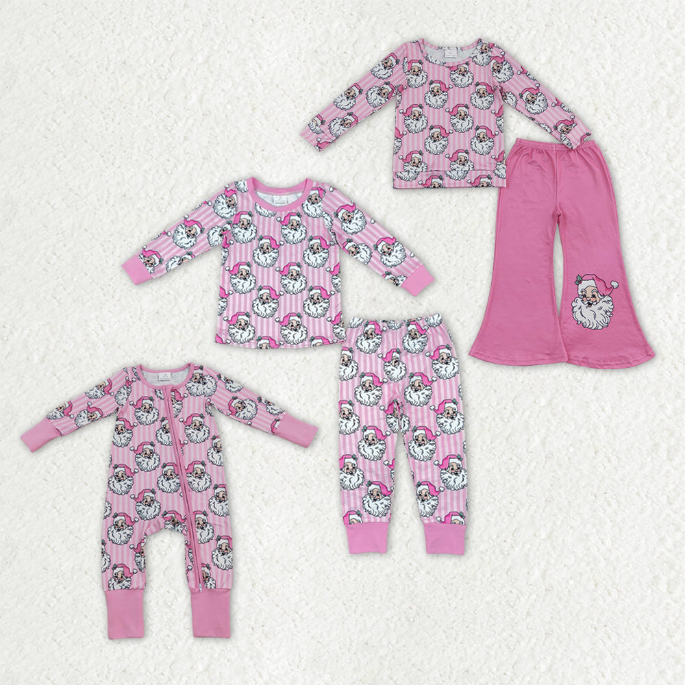 Sibling Baby Girls Pink Stripe Santa Flare Pant Christmas Clothes Set Zip Rompers