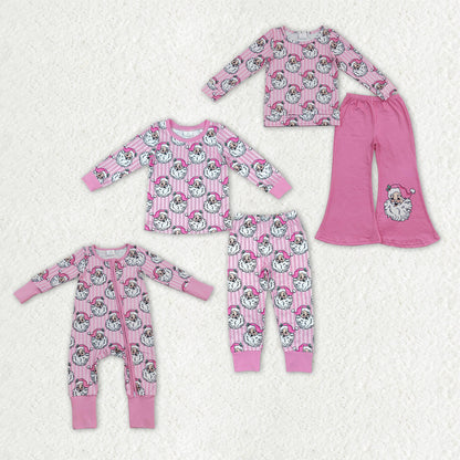 Sibling Baby Girls Pink Stripe Santa Flare Pant Christmas Clothes Set Zip Rompers