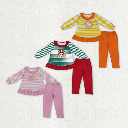 Sibling Baby Girls Embroidery Pumpkins Turkey Deer Ruffle Tunic Leggings Pant Fall Clothes Sets