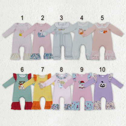 Sibling Baby Girls Long Sleeves Embroidery Turkey Pumpkins Deer Fall Ruffle Pant Rompers