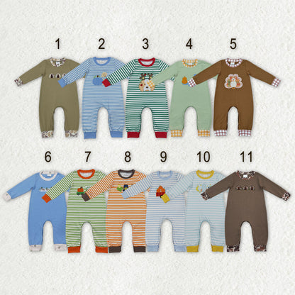 Sibling Baby Boys Long Sleeves Embroidery Turkey Pumpkins Deer Fall Pant Rompers