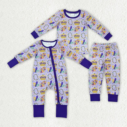 Sibling Baby Boys Mardigras Anchors Crowns Pajamas Set Zip Rompers