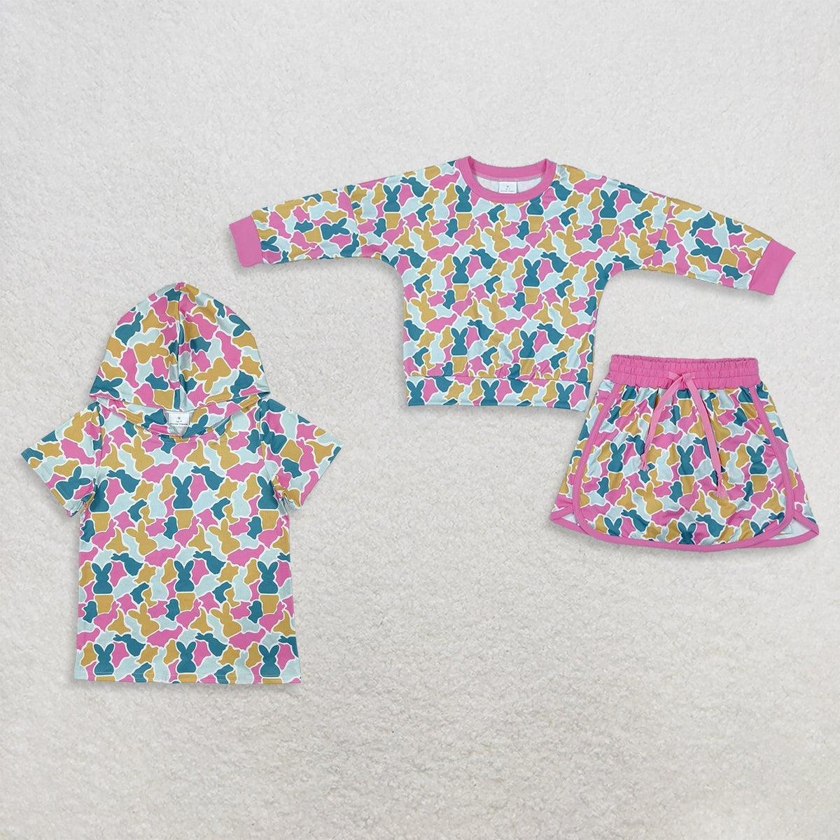 Sibling Baby Girls Pink Blue Rabbits Camo Long Sleeve Skorts Easter Clothes Set Hoodies Top