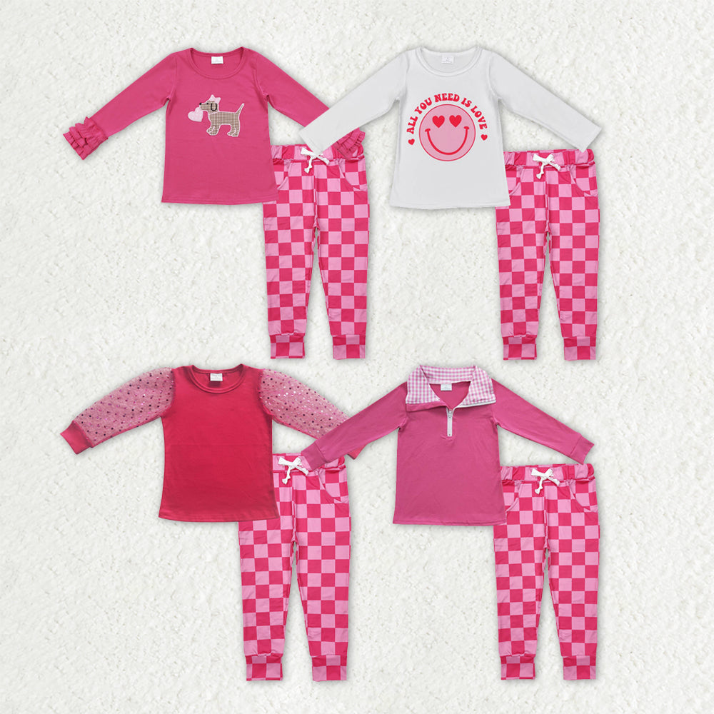 Sibling Baby Girls Pink Hearts Dogs Top Pockets Checked Leggings Valentines Clothes Sets