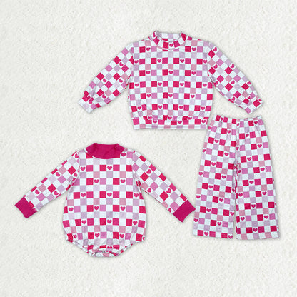 Sibling Baby Girls Pink Checked Hearts Choker Pockets Flare Pant Valentines Set Rompers