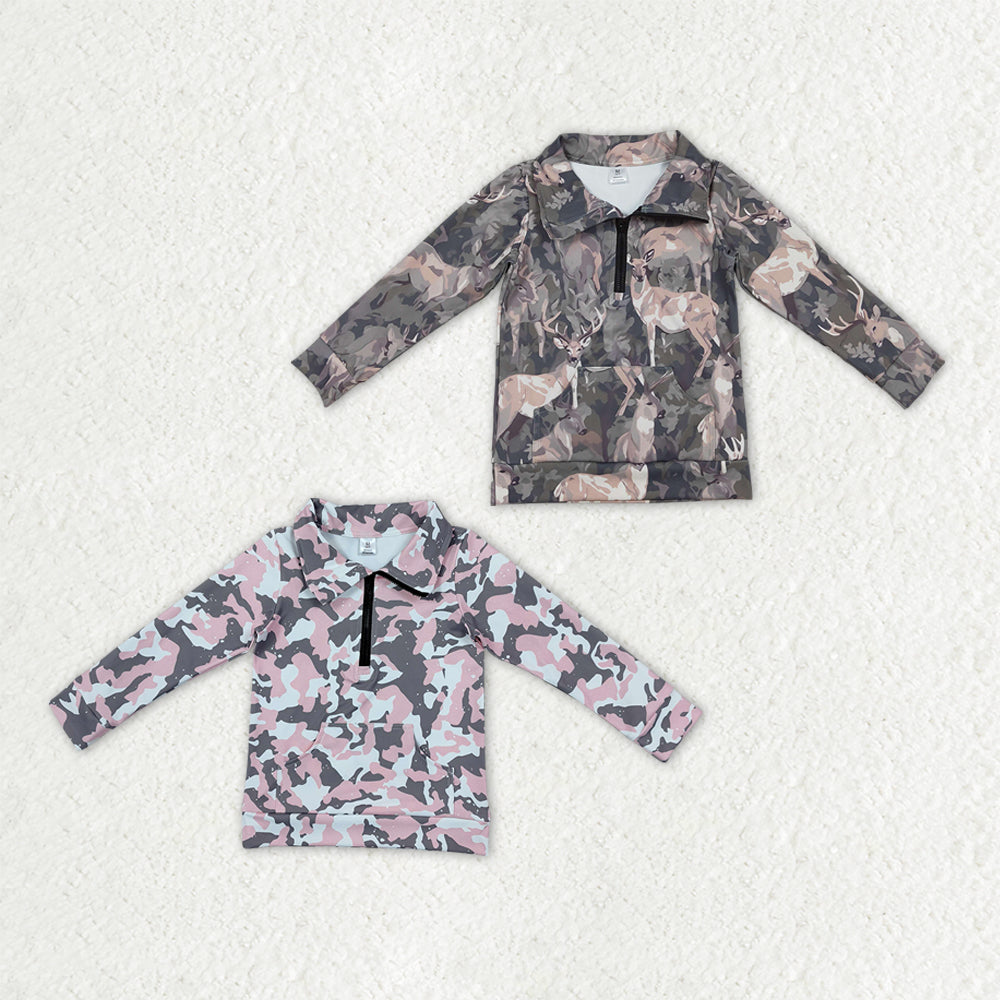Sibling Baby Girls Long Sleeve Leaves Camo Zip Pockets Yoga Active Pullovers Top