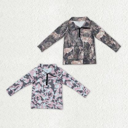 Sibling Baby Girls Long Sleeve Leaves Camo Zip Pockets Yoga Active Pullovers Top