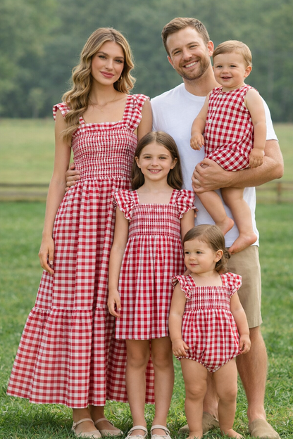 Summer Plaid Smocked Ruffle Girl Dress Sibling Outfits
