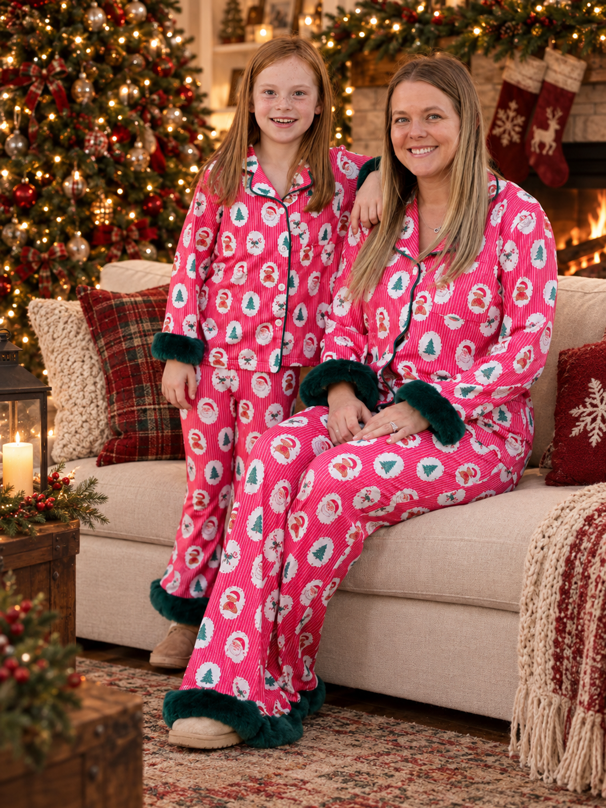 Mommy and Me Christmas Santa Print Pajama Set with Fur Trim