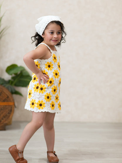 Summer Crochet Sunflower Girl Dress with Headscarf