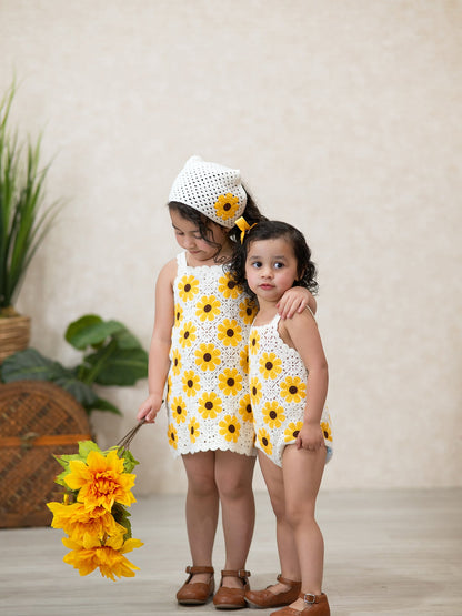 Summer Crochet Sunflower Girl Dress with Headscarf