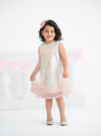 Iridescent Sequin Bow Ruffle Tulle Girls Dress