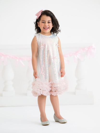 Iridescent Sequin Bow Ruffle Tulle Girls Dress