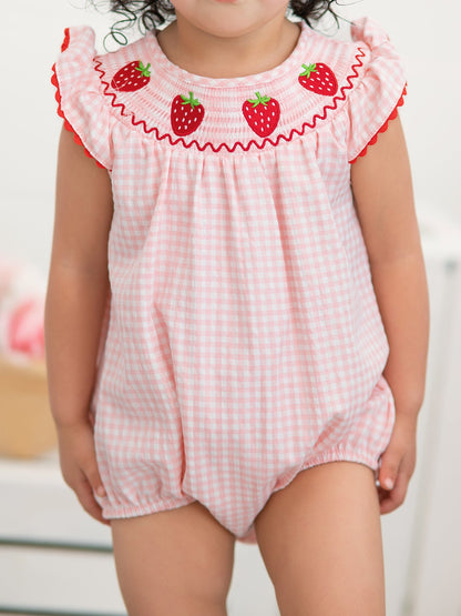Baby Girls Strawberry Plaid Smocked Romper