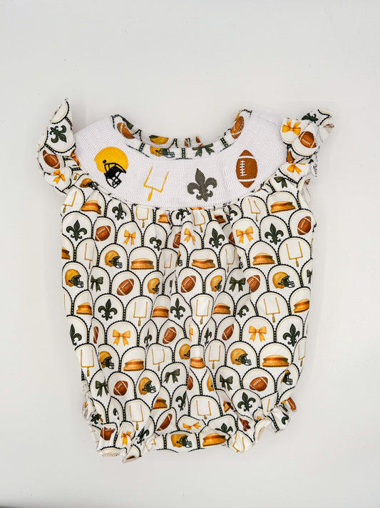 Black & Gold Football Smocked Bubble – Game Day Outfit for Girls