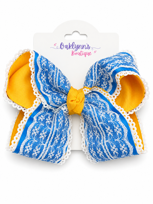 Blue & Gold triple layer lace Bow