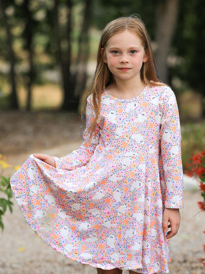 Halloween Ghost Print Girls Twirl Dress Long Sleeve