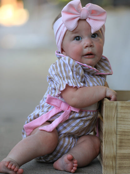 Fall Thanksgiving Lapel Plaid Chick Embroidery Smocking Bow Baby Girls Romper