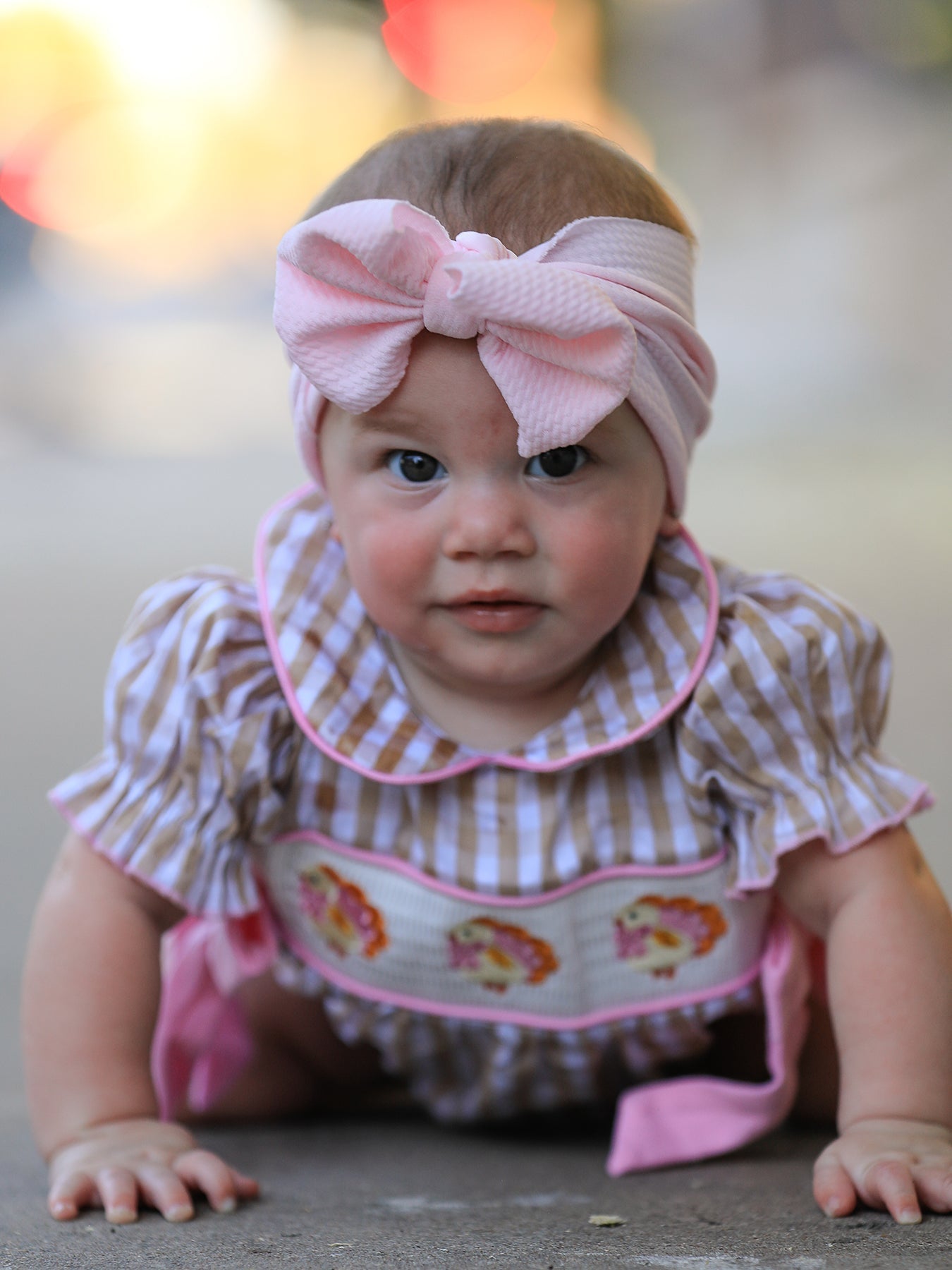 Fall Thanksgiving Lapel Plaid Chick Embroidery Smocking Bow Baby Girls Romper