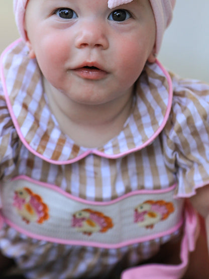 Fall Thanksgiving Lapel Plaid Chick Embroidery Smocking Bow Baby Girls Romper