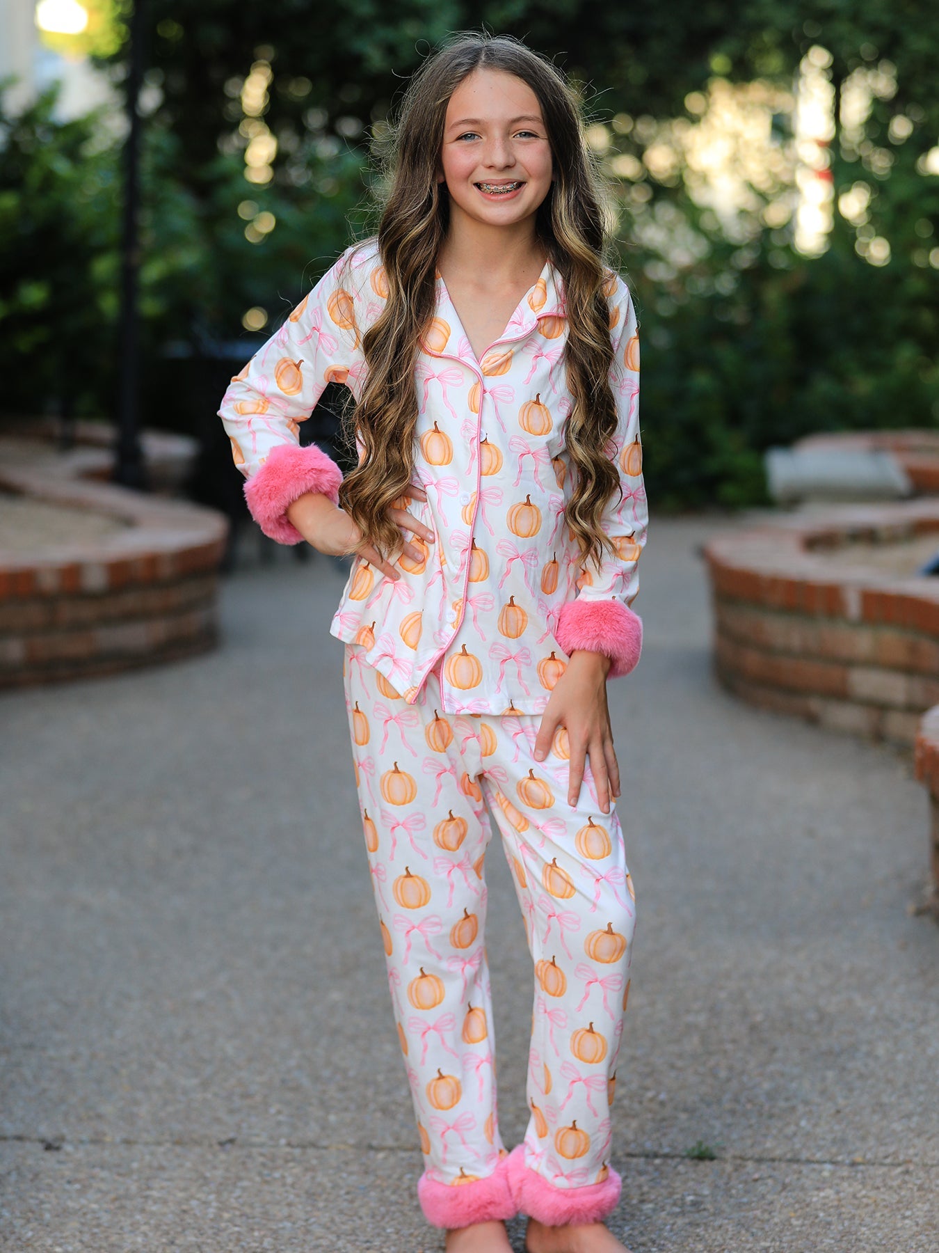 Halloween Thanksgiving Pumpkin Bow Fur Pajama Set