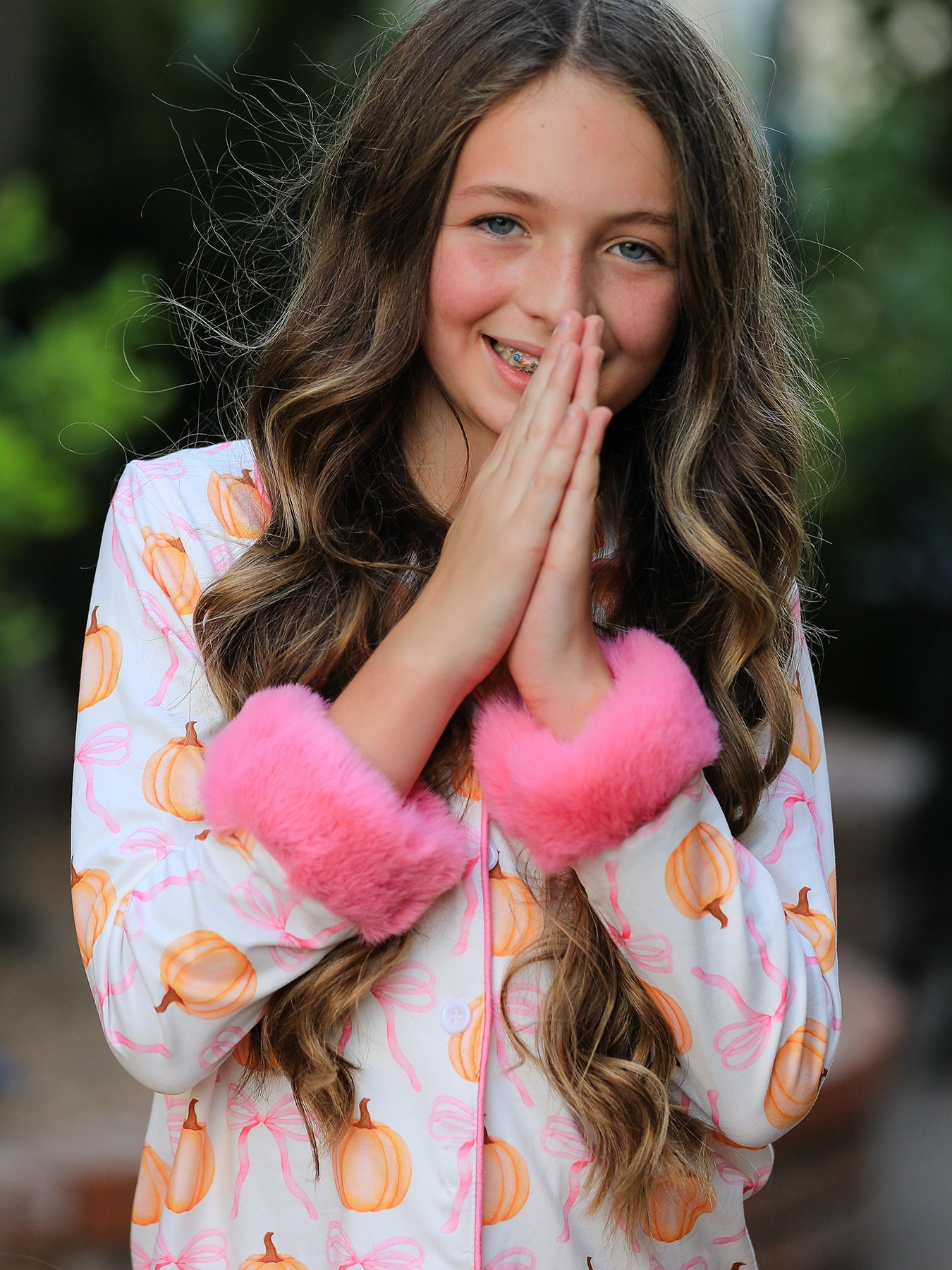 Halloween Thanksgiving Pumpkin Bow Fur Pajama Set