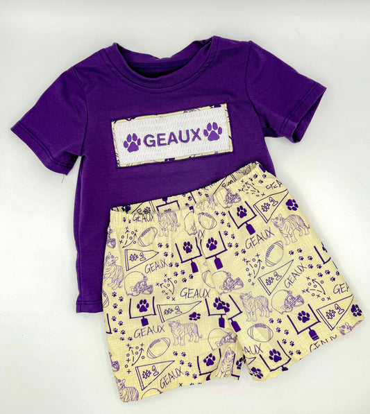 Smocked Geaux Boys Set – Purple & Gold Two-Piece Game Day Outfit