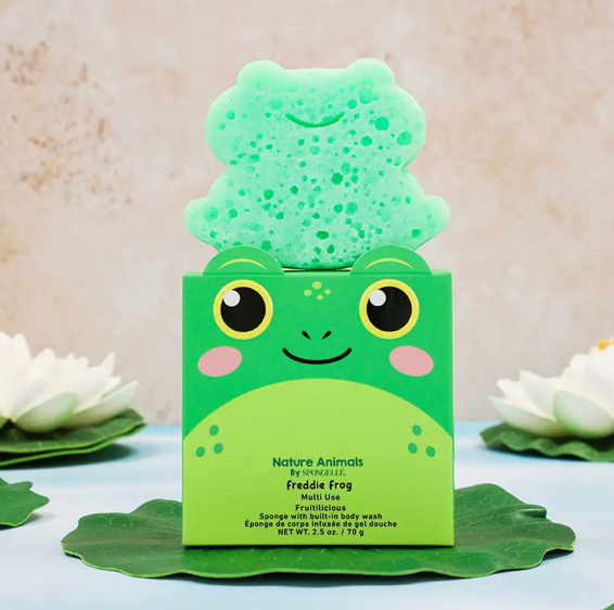 Transform bath time with Freddie Frog Fruitilicious body wash sponge by Spongeables. Gentle, fun, and kid-friendly, designed specifically for children's delicate skin.